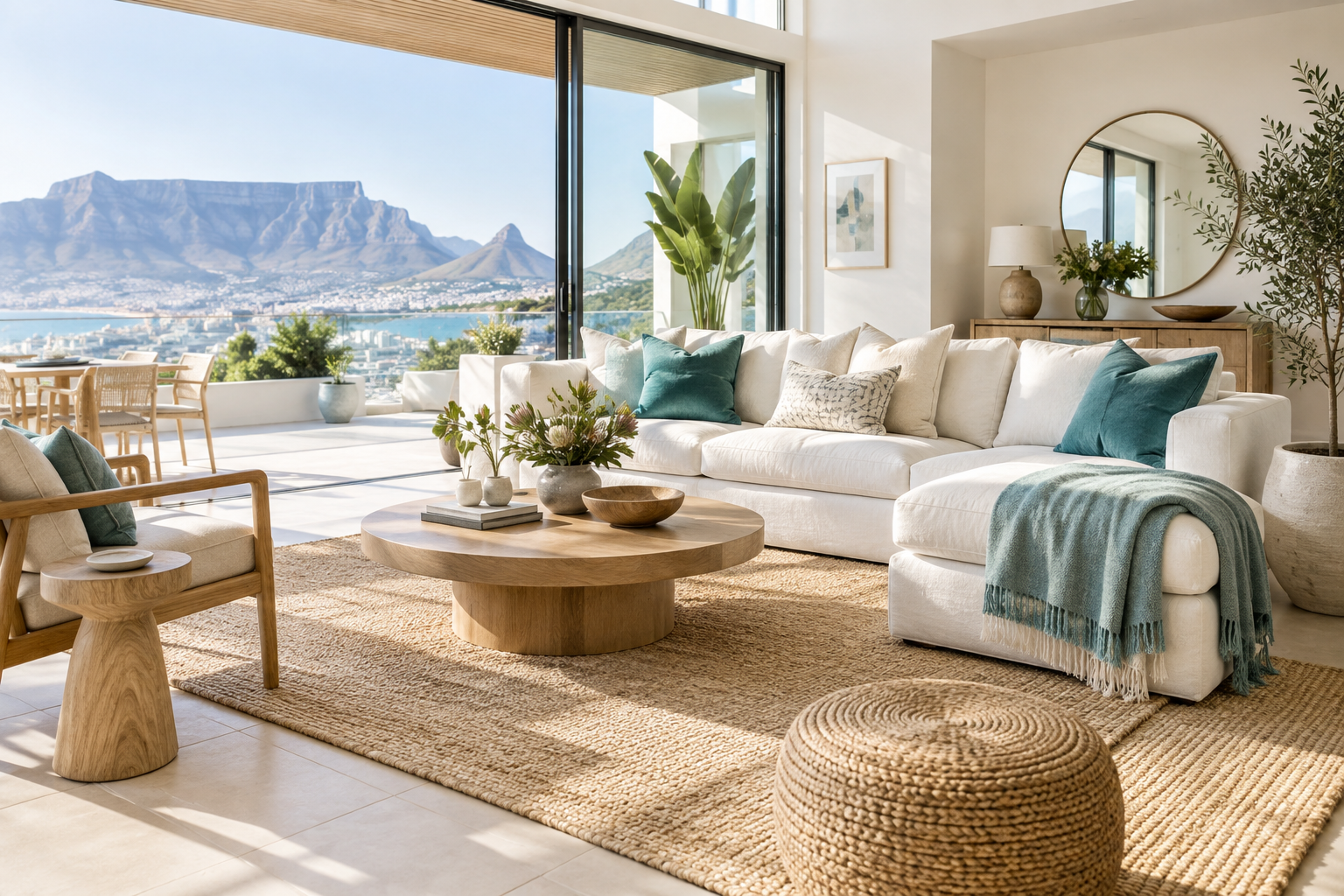 A bright, fresh living room with natural light and teal accents