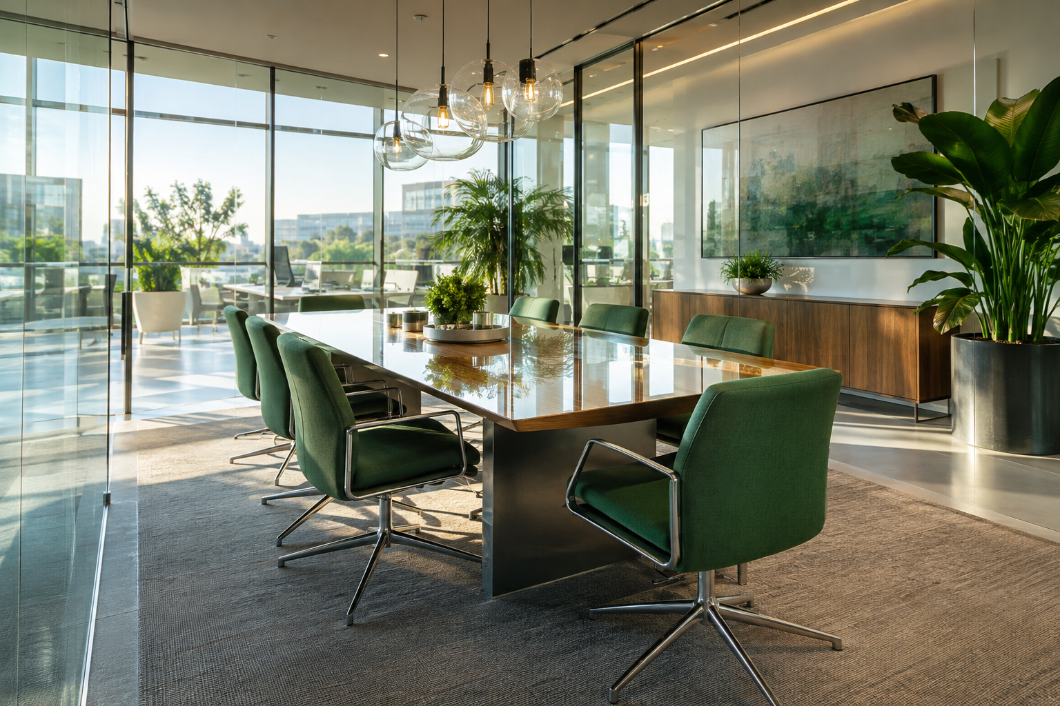 Clean contemporary meeting room with green chairs and a polished conference table