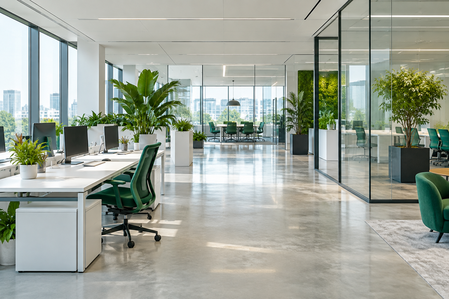 Bright modern office with tidy desks, glass partitions and green plants